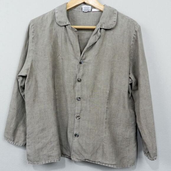 CP Shades Beige Brown Pure Irish Linen Button Up Blouse Size S V Neck Top - Picture 1 of 14